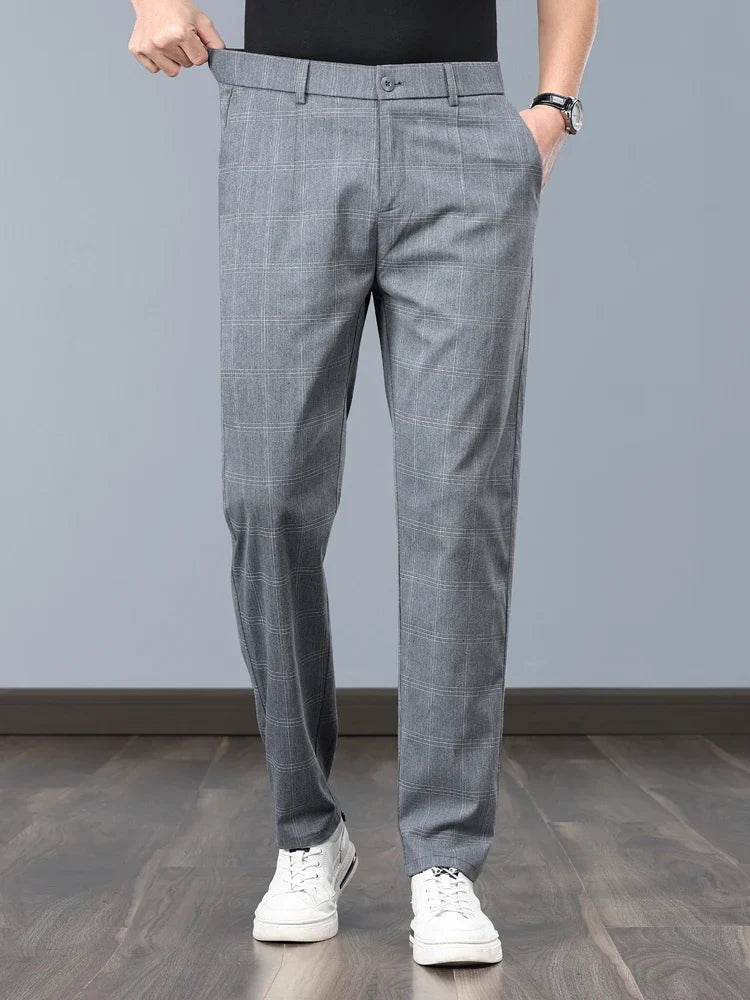 Sophisticated men's plaid pants with a slim fit design for sleek appeal.