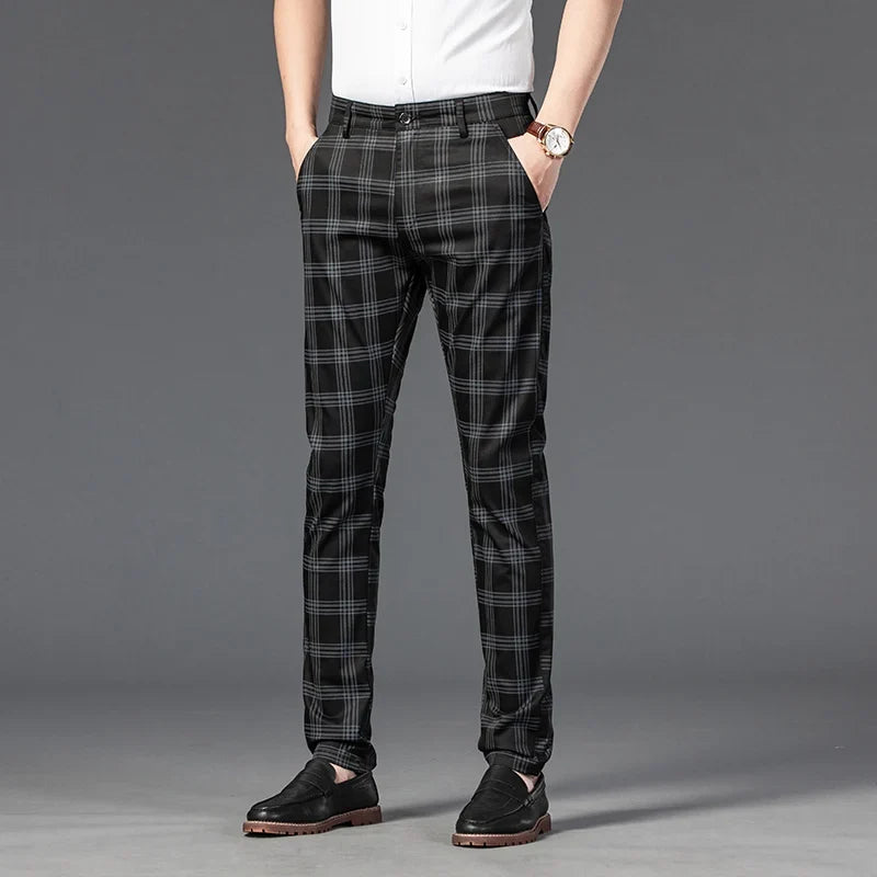 Men's slim fit plaid dress trousers, combining comfort and style for a modern look.
