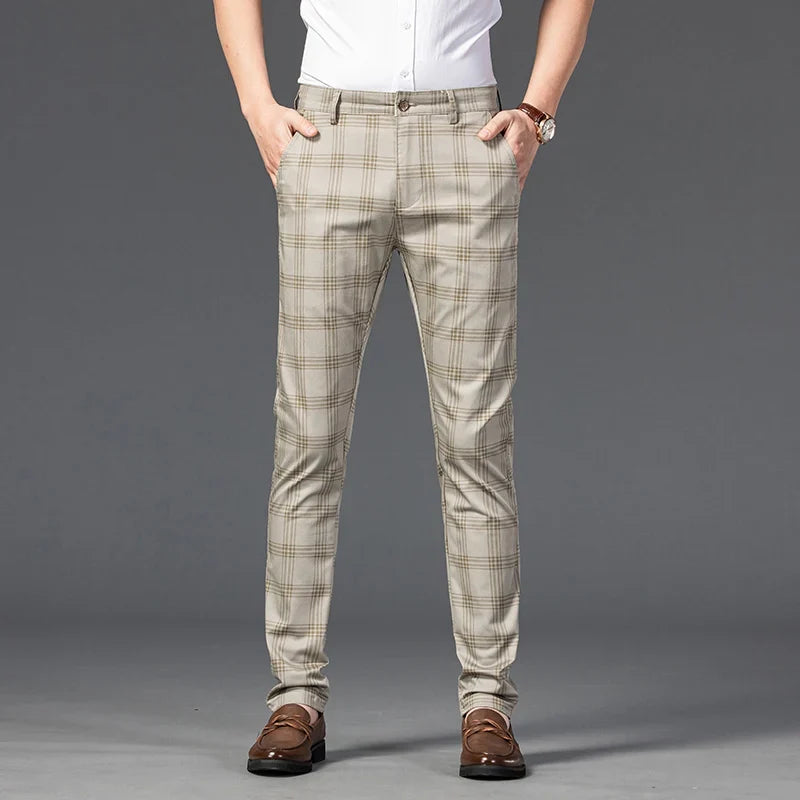 Modern men's slim fit plaid dress pants, tailored for comfort, perfect for business or special occasions.