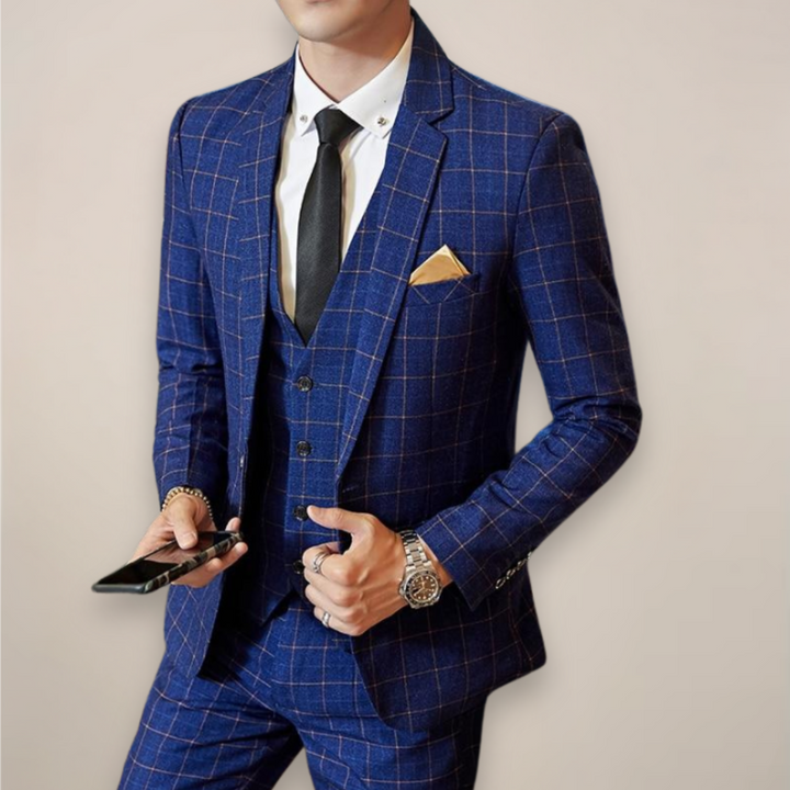 Men's slim fit plaid two-piece suit for special occasions. Modern formalwear with a stylish checked pattern.