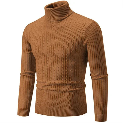 Men's slim-fit ribbed knit turtleneck sweater in a classic color, perfect for casual winter fashion.