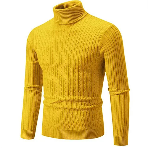 Men's winter fashion: a warm, ribbed knit turtleneck sweater with a slim profile.