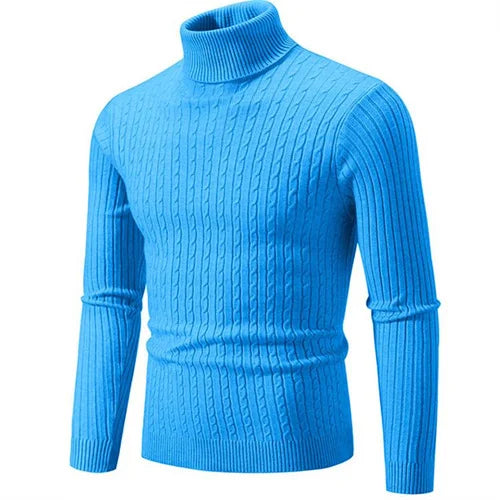 Warm men's ribbed turtleneck knitwear, ideal for layering or stylish casual winter wear.