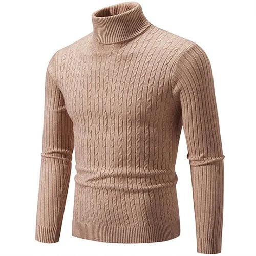Stylish men's ribbed turtleneck sweater, perfect for a warm, casual winter look.