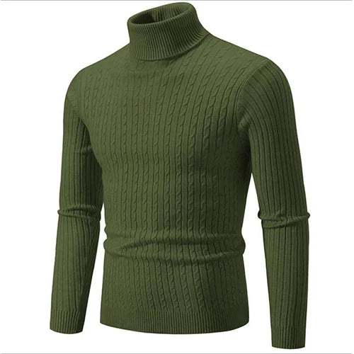 Slim-fit men's ribbed knit turtleneck, offering warmth and style for winter outfits.