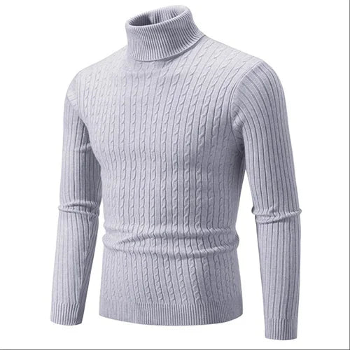 Fashionable men's ribbed knit turtleneck sweater for warm and stylish winter layering.