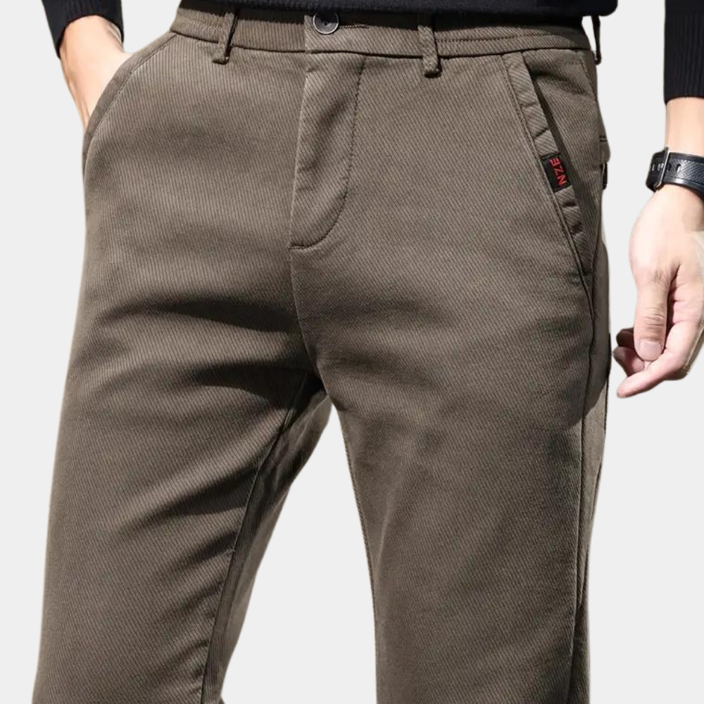 Close-up of Men's Slim Fit Semi-Formal Trousers texture. High-quality fabric for durable, stylish office wear.