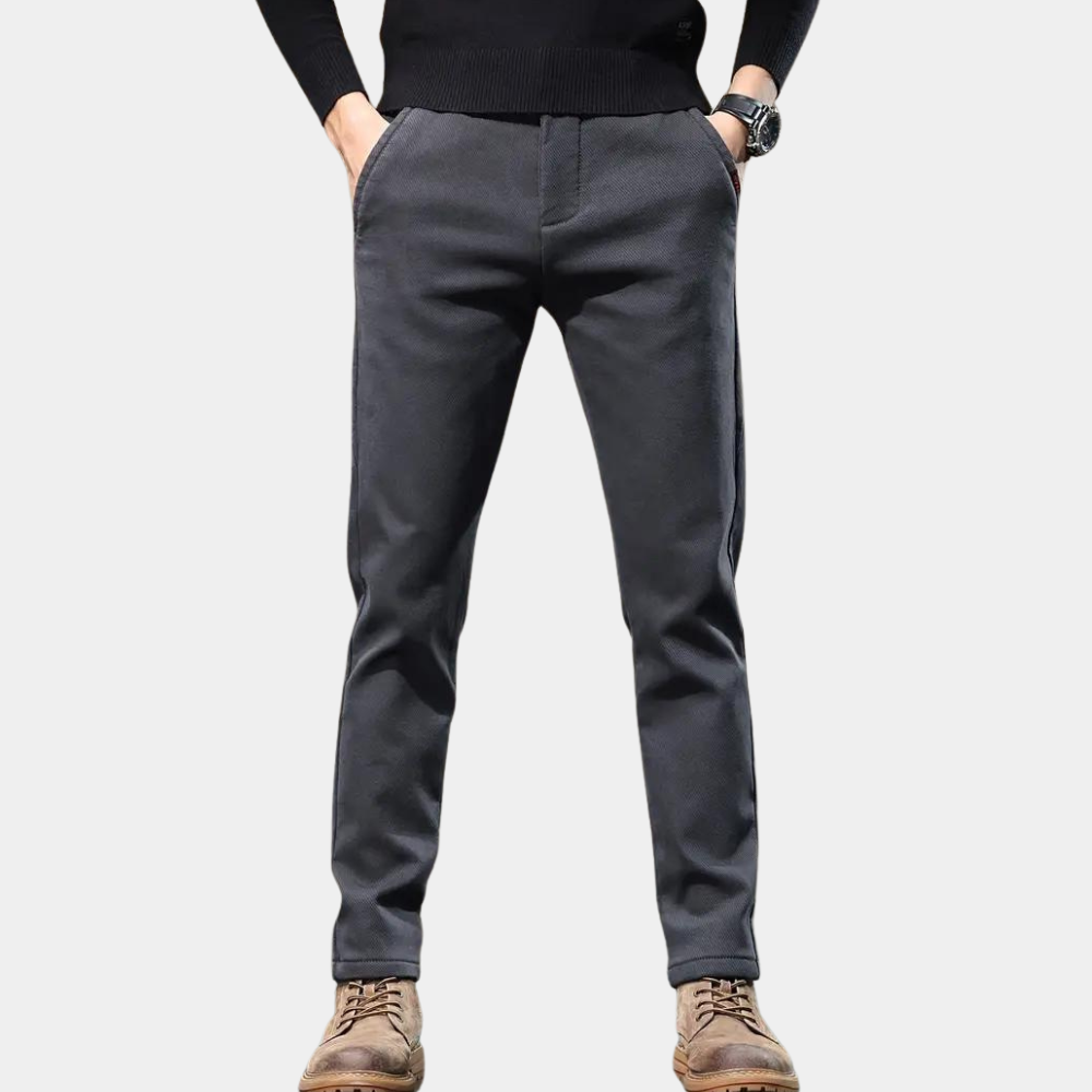 Range of Men's Slim Fit Semi-Formal Trousers in brown, gray & black. Stylish, comfortable & durable options.
