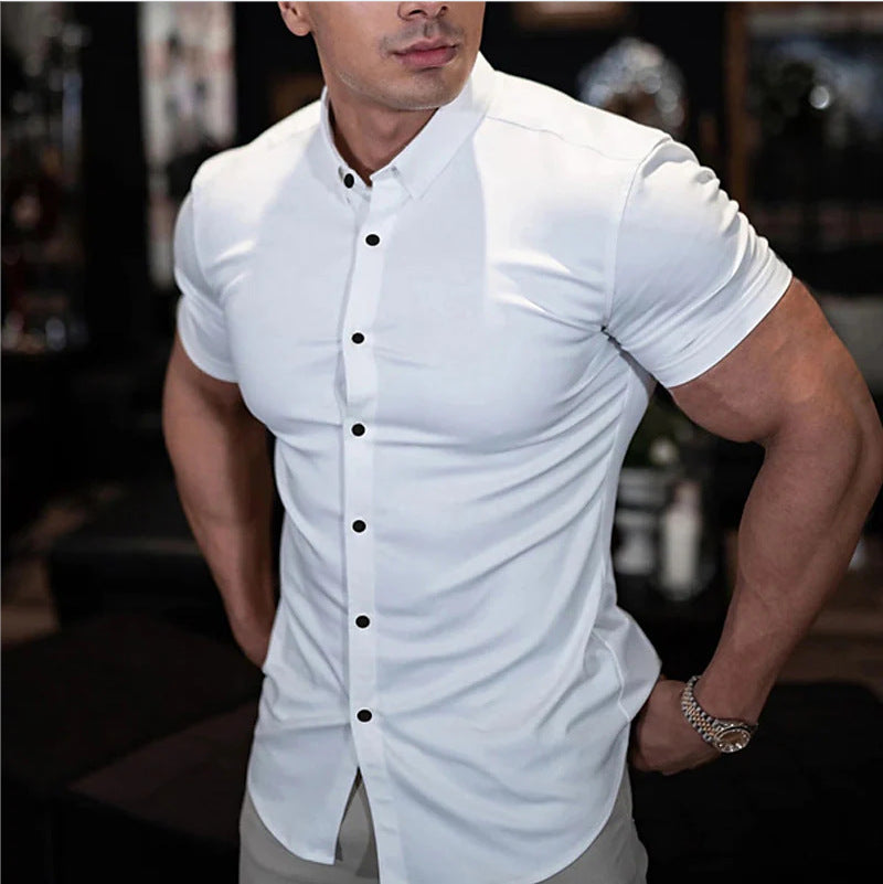 Stylish men's slim fit short sleeve shirt for a modern casual look, versatile for spring/summer.