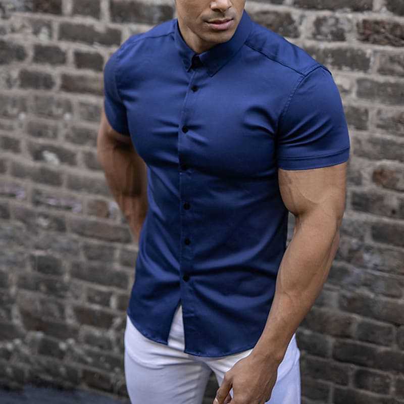 Fashionable men's slim fit short sleeve shirt, essential for a chic spring & summer casual outfit.