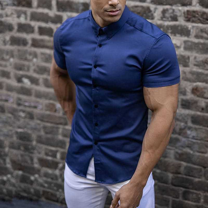 Fashionable men's slim fit short sleeve shirt, essential for a chic spring & summer casual outfit.
