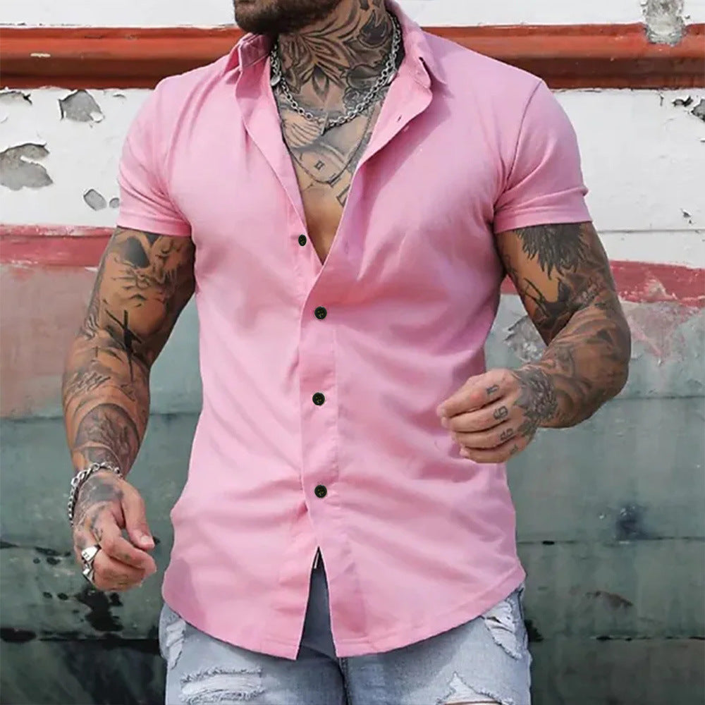 Versatile men's slim fit short sleeve shirt, a go-to casual top for spring and summer fashion.
