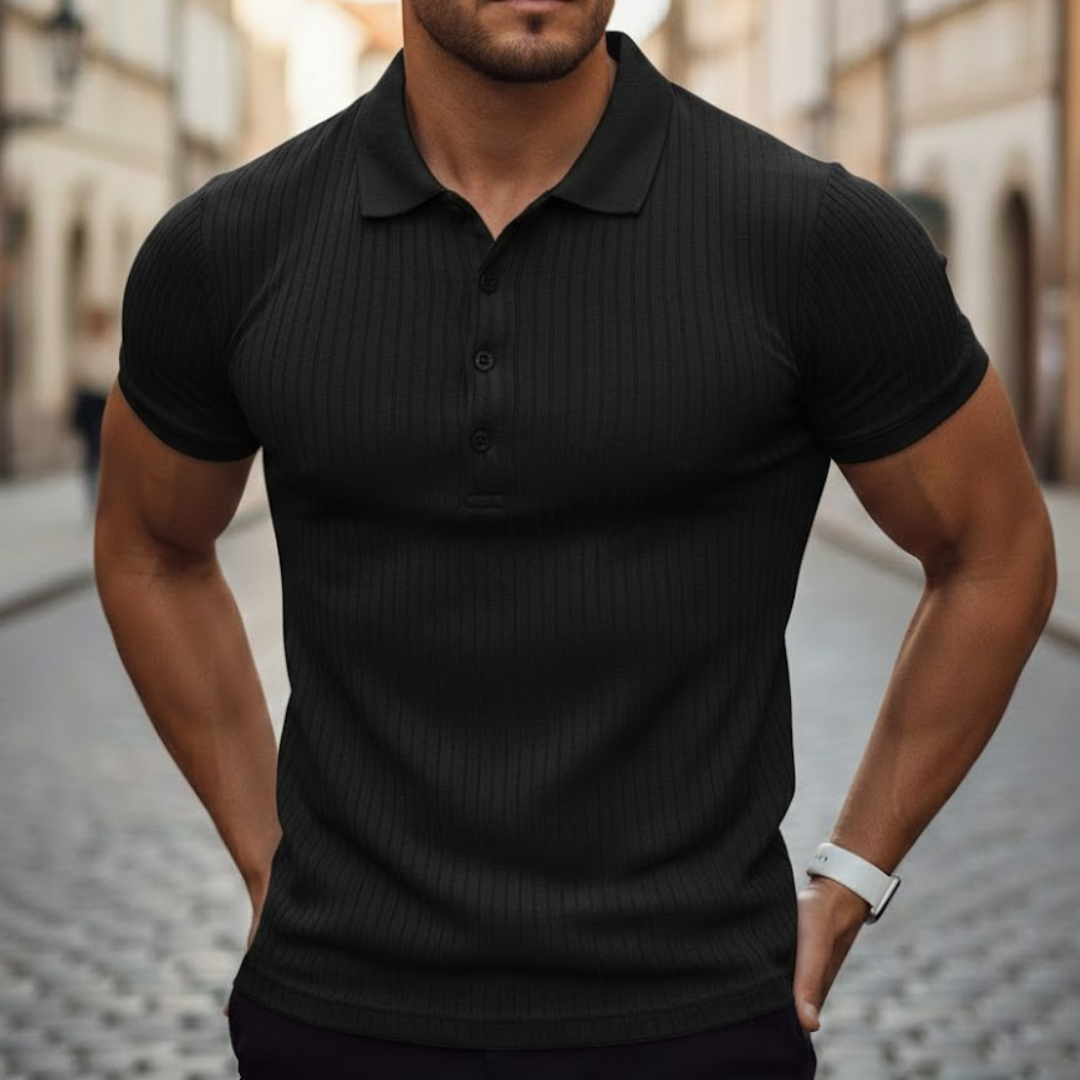 Stylish men's short sleeve polo shirt, slim fit design for activewear and summer fashion.