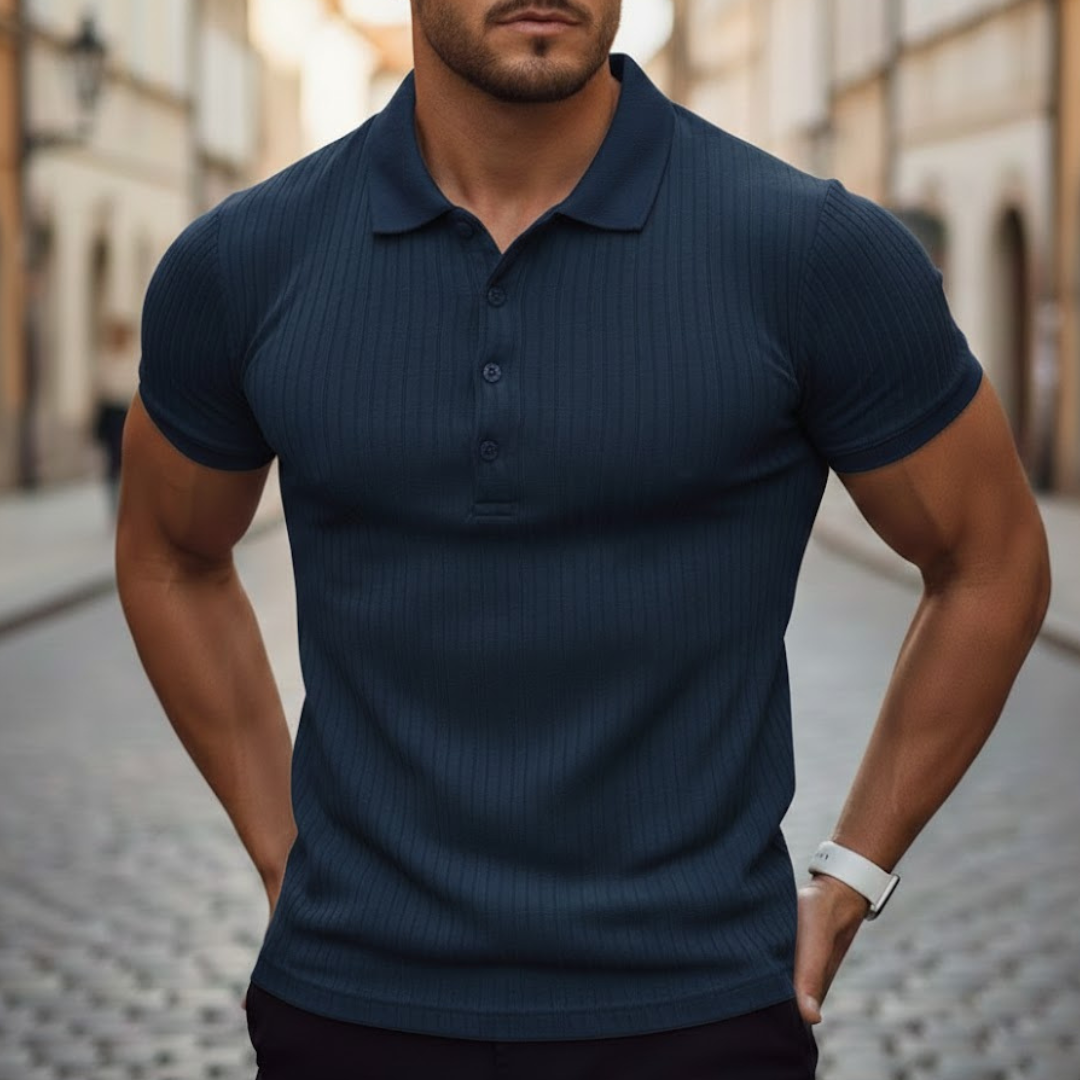 Classic men's slim fit short sleeve polo with a crisp collar, versatile for any casual outfit.