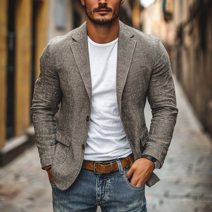Men's formal or casual slim fit single-breasted blazer for modern menswear and stylish events.