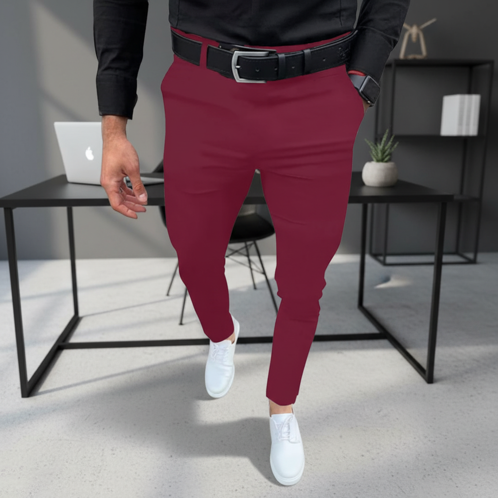 Men's slim fit stretch casual trousers in black, front view, perfect for versatile styling.