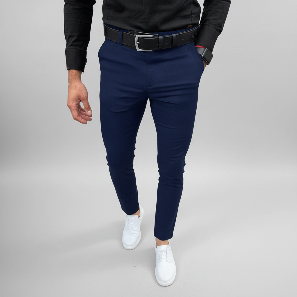 Folded men's slim fit stretch trousers, displaying the soft cotton blend and neat finish.