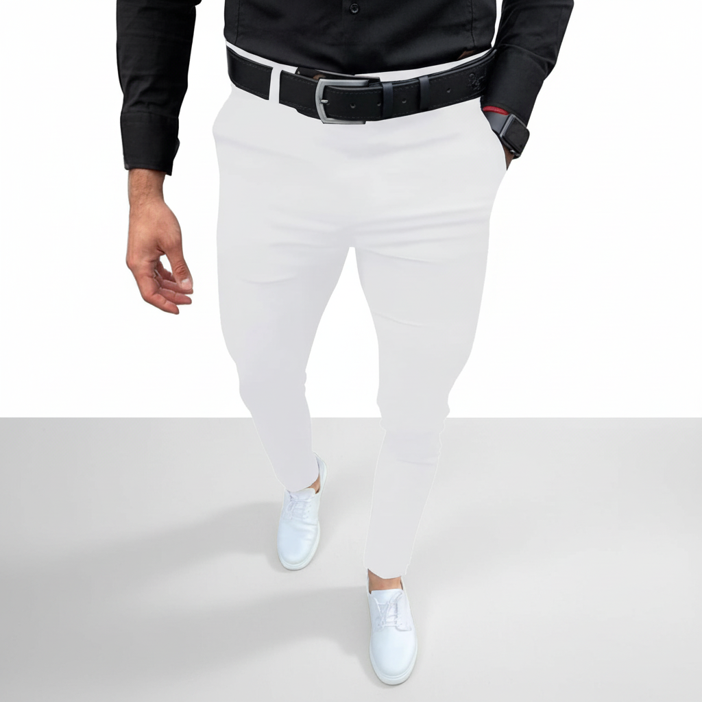 Side view of model standing in men's slim fit stretch trousers, emphasizing comfort and style.
