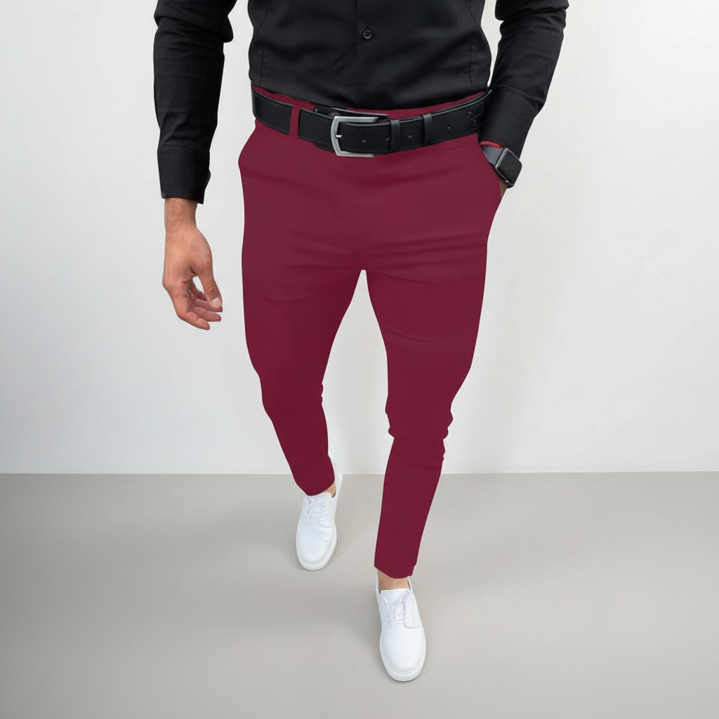 Pascal slim fit cotton blend trousers for men, showing side pocket detail and comfort stretch fabric.
