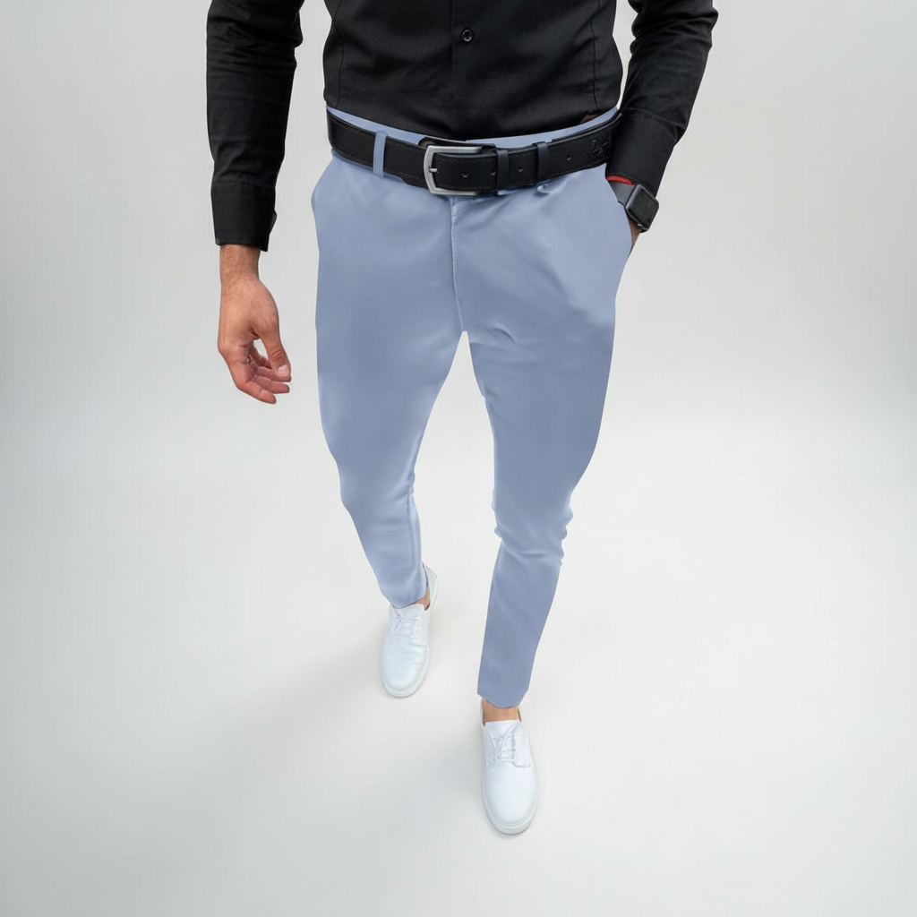 Back view of men's Pascal slim fit trousers, showcasing comfortable stretch and modern design.