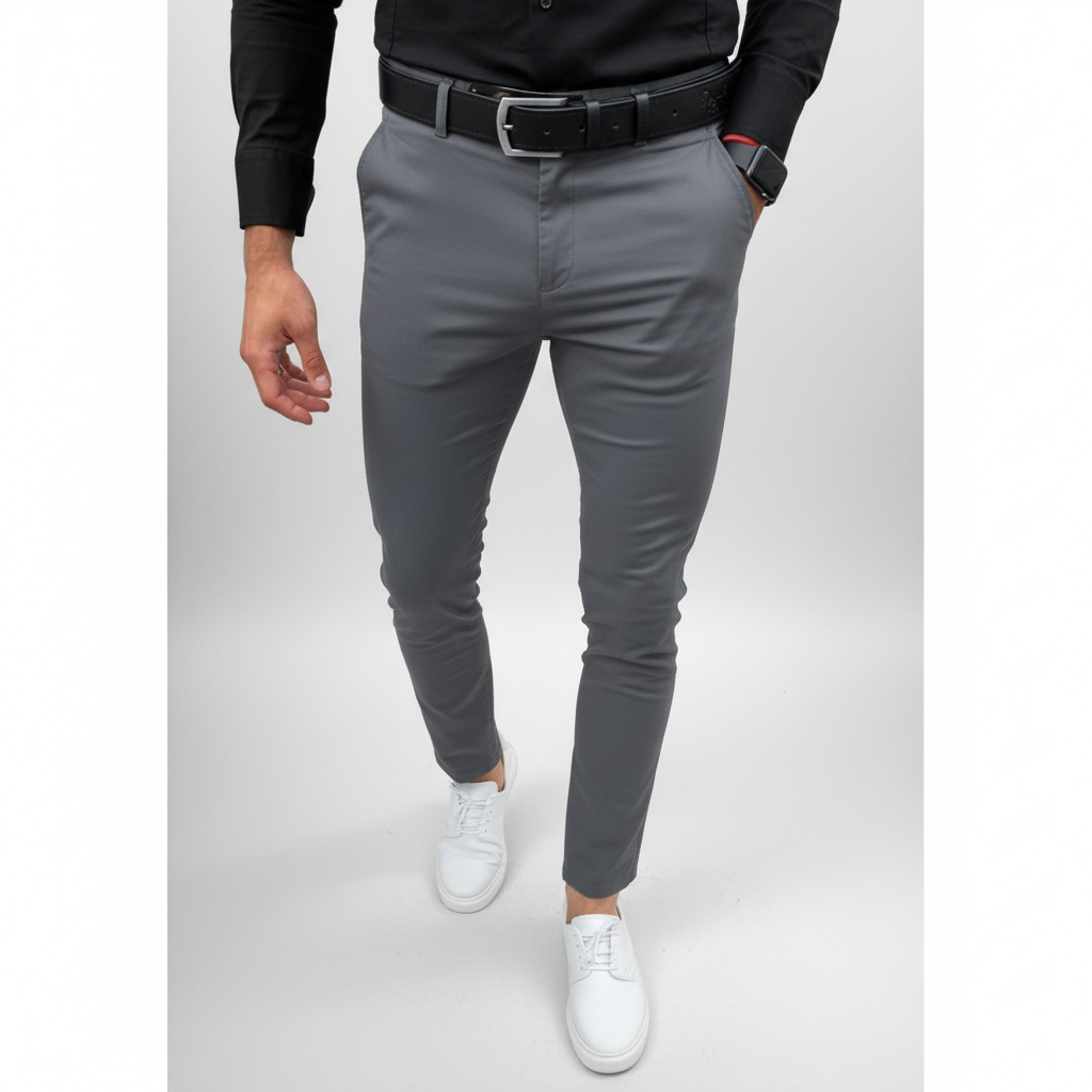 Men's slim fit stretch trousers paired with a casual shirt, demonstrating versatile fashion.