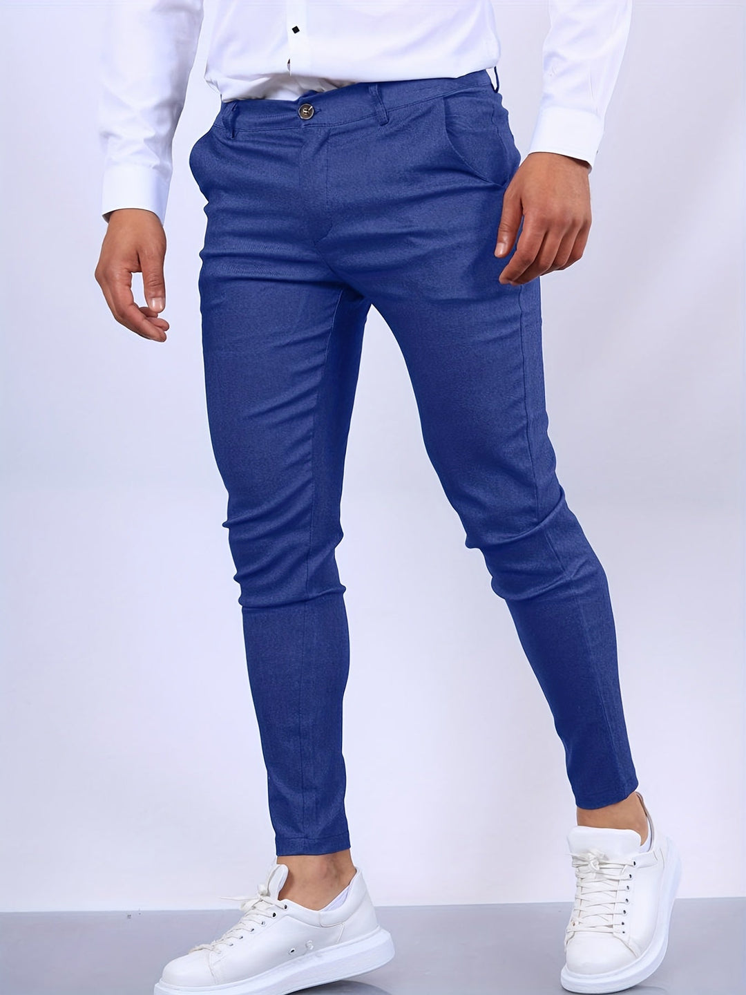 Tapered leg men's slim fit stretch chino trousers, offering comfort and contemporary style.
