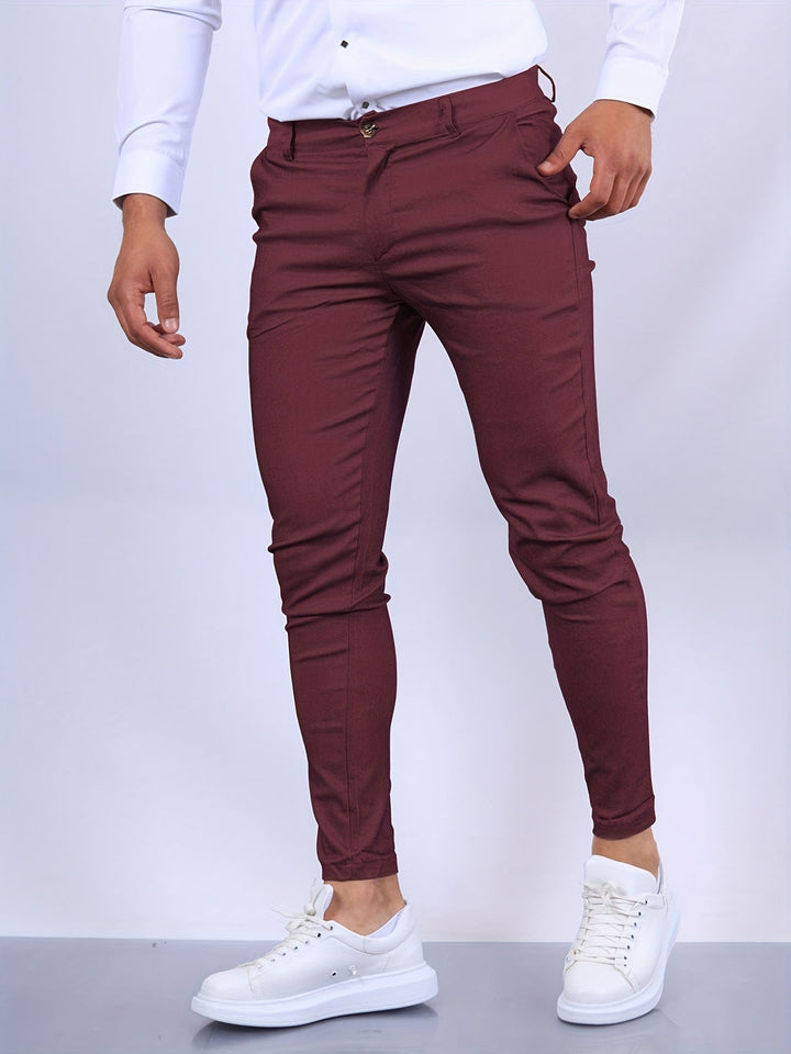 Modern men's slim fit stretch chino trousers, ideal for work, events, or weekend wear.