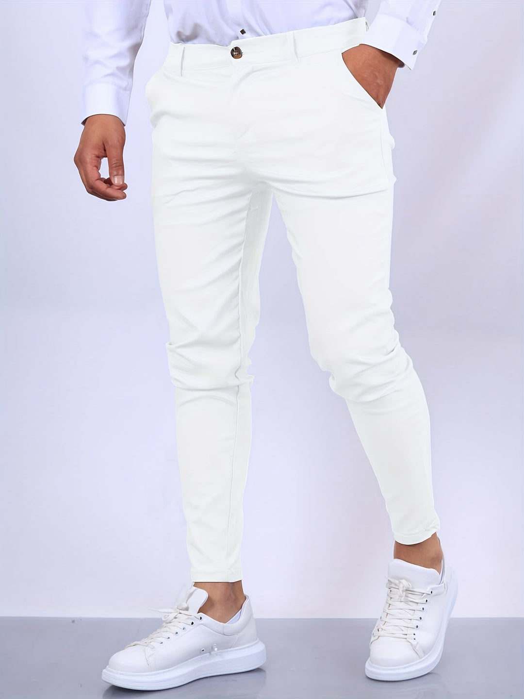 Comfortable men's slim fit stretch chinos, versatile casual pants with a sleek silhouette.