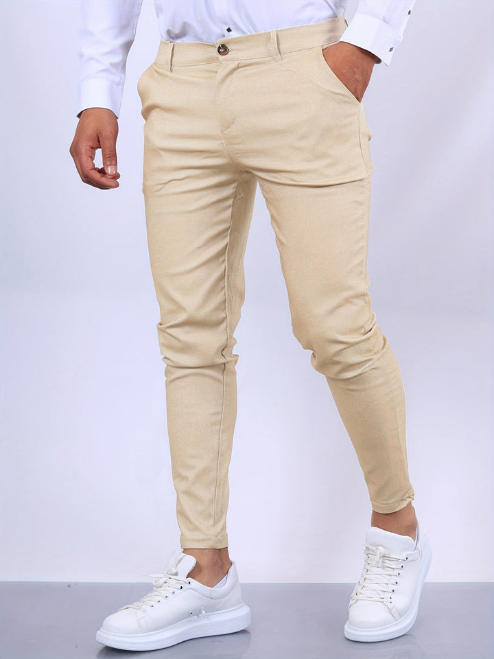 Men's slim fit stretch chino trousers, combining flexibility with a sharp, tailored appearance.