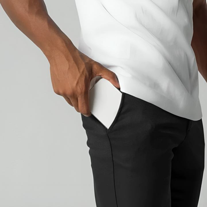 Versatile men's slim fit stretch chinos, suitable for everyday casual wear or smart casual events.