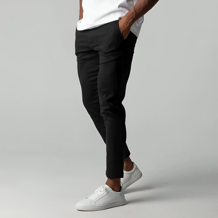 Stylish men's slim fit stretch chinos, essential for a comfortable yet fashionable men's wardrobe.