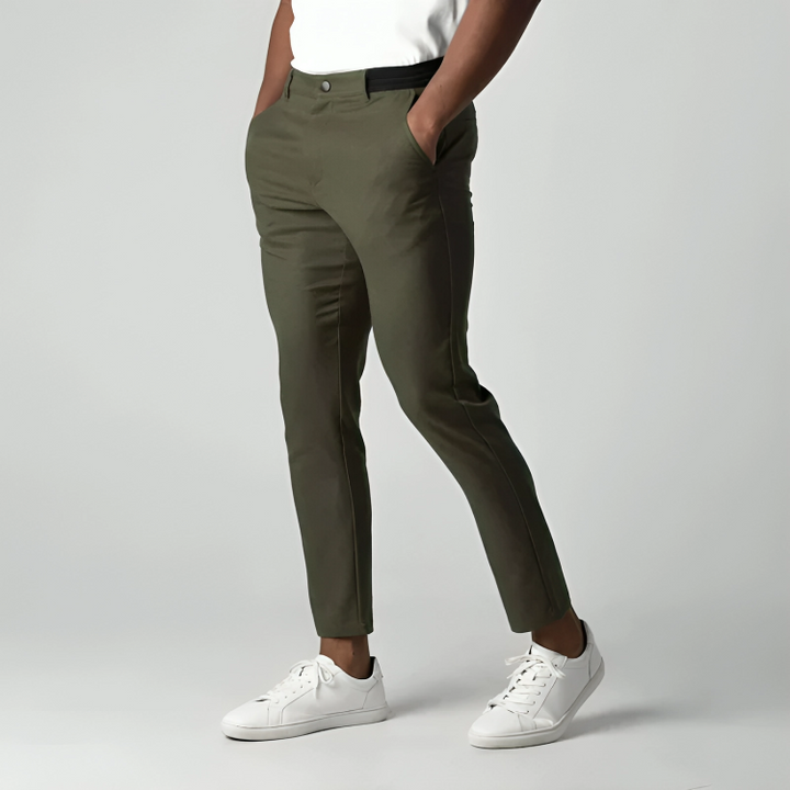 Modern men's slim fit stretch chinos, blending casual comfort with smart fashion versatility & style.