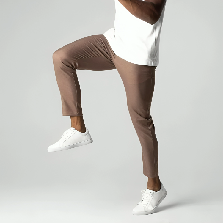 Slim fit stretch chinos for men, offering adaptable style for casual and smart-casual outfits.