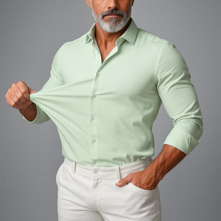 Close-up of comfortable, stretch fabric on a men's slim fit dress shirt. Wrinkle-free & durable.