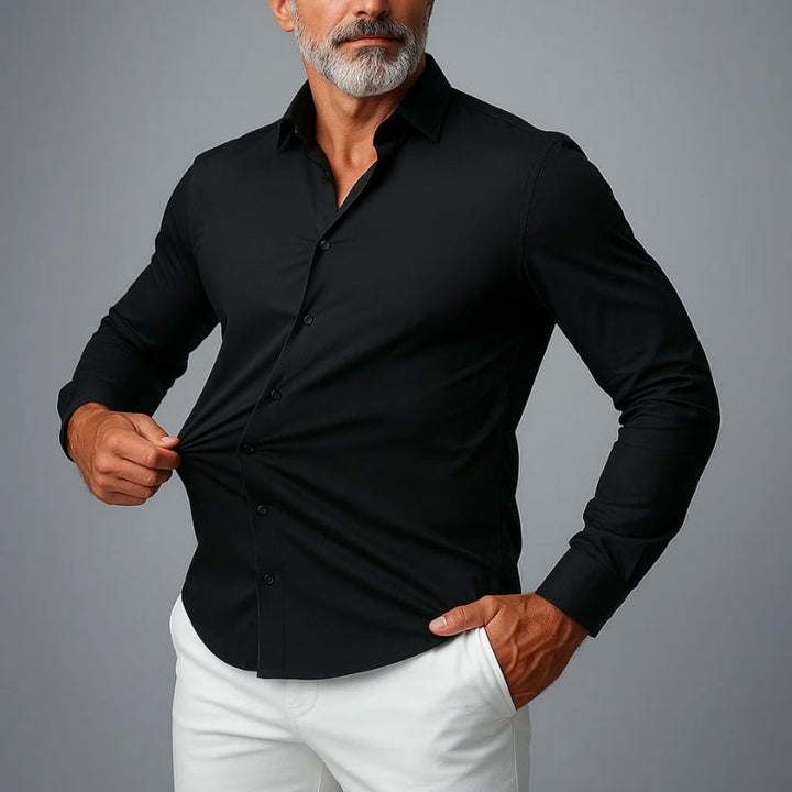 Modern men's slim fit stretch dress shirt. Versatile wrinkle-free button-up for formal or casual style.