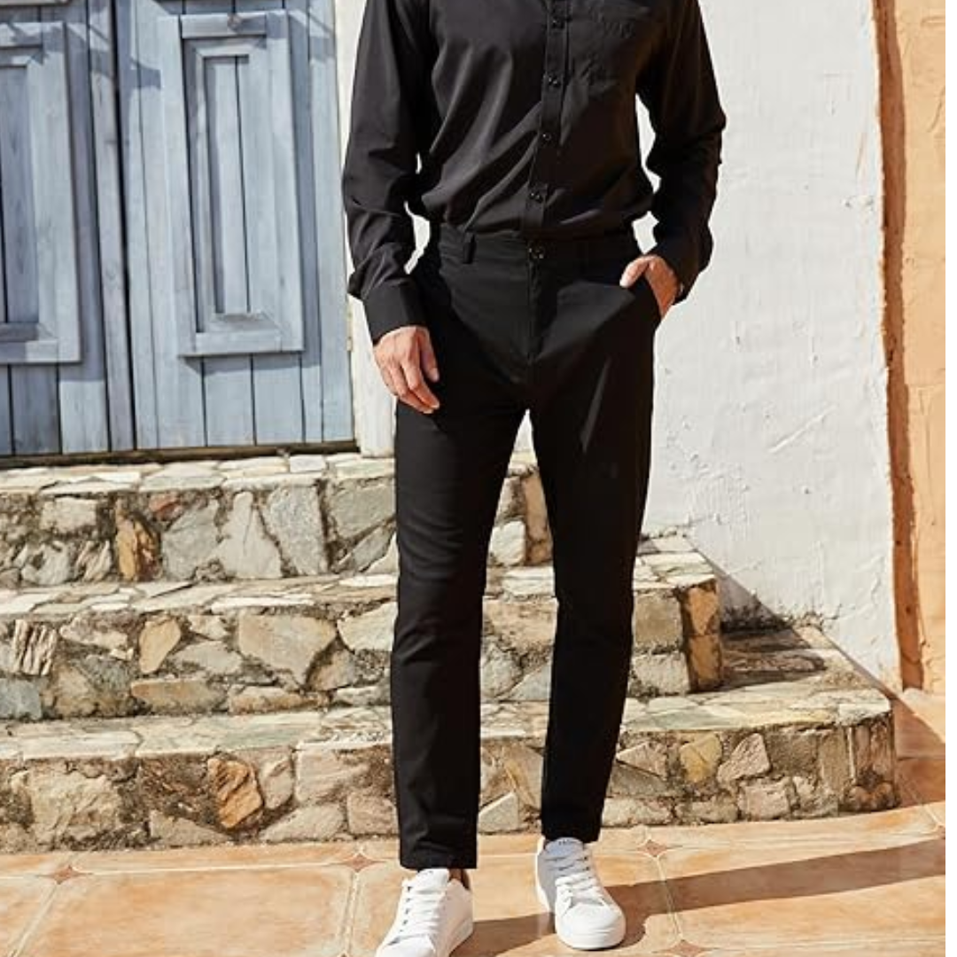Detail of the back pocket on men's stretch dress trousers, subtle and functional