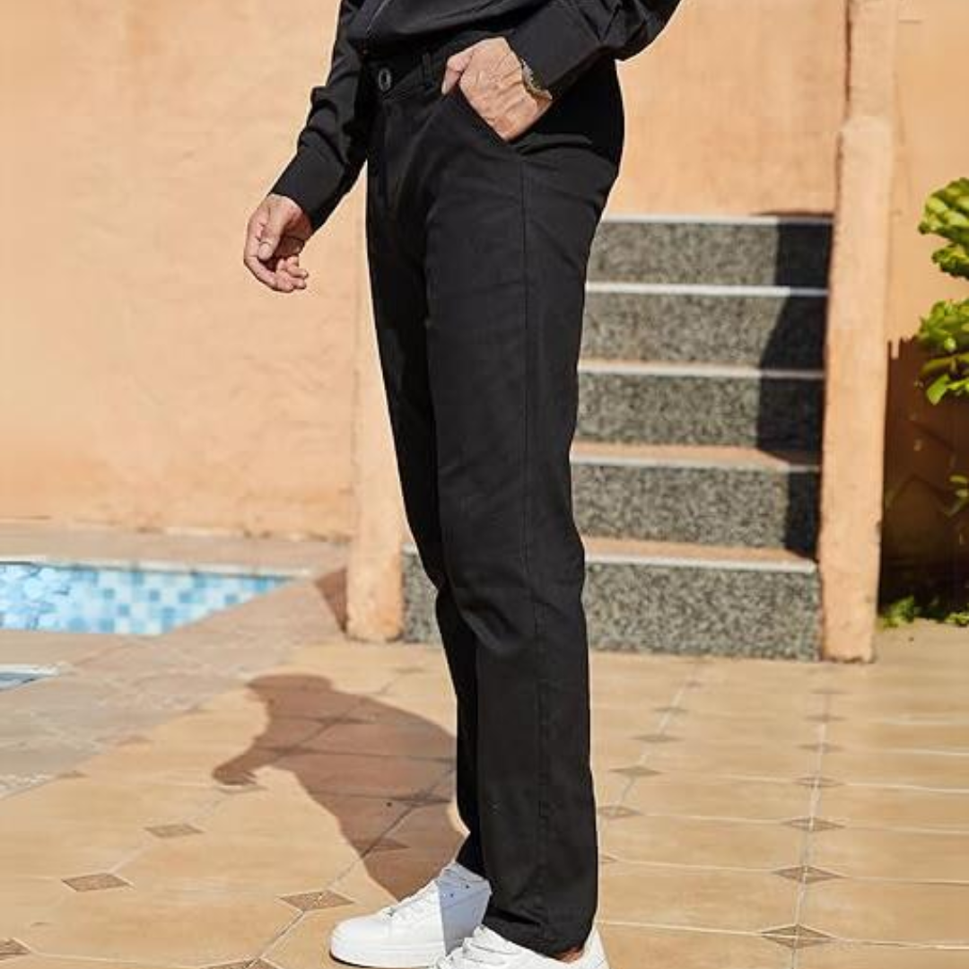 Full length view of men's slim fit stretch trousers, showing clean lines