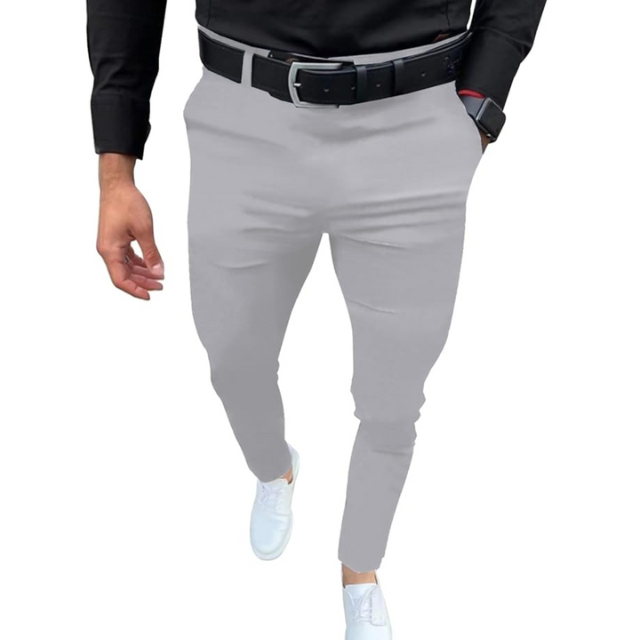Slim fit stretch cotton blend trousers for men, offering all-day comfort