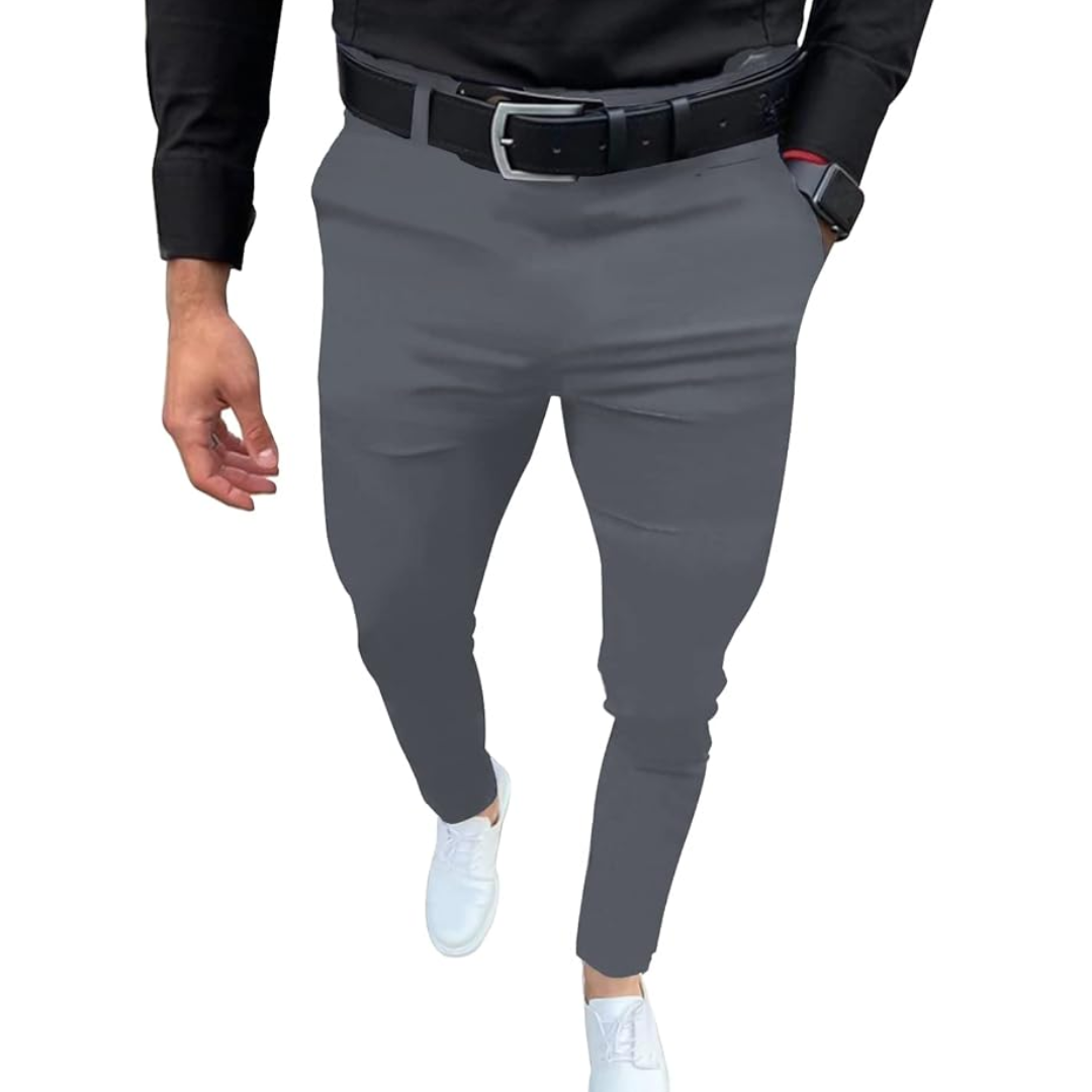 Slim fit stretch trousers for men with a classic front button and zipper fly