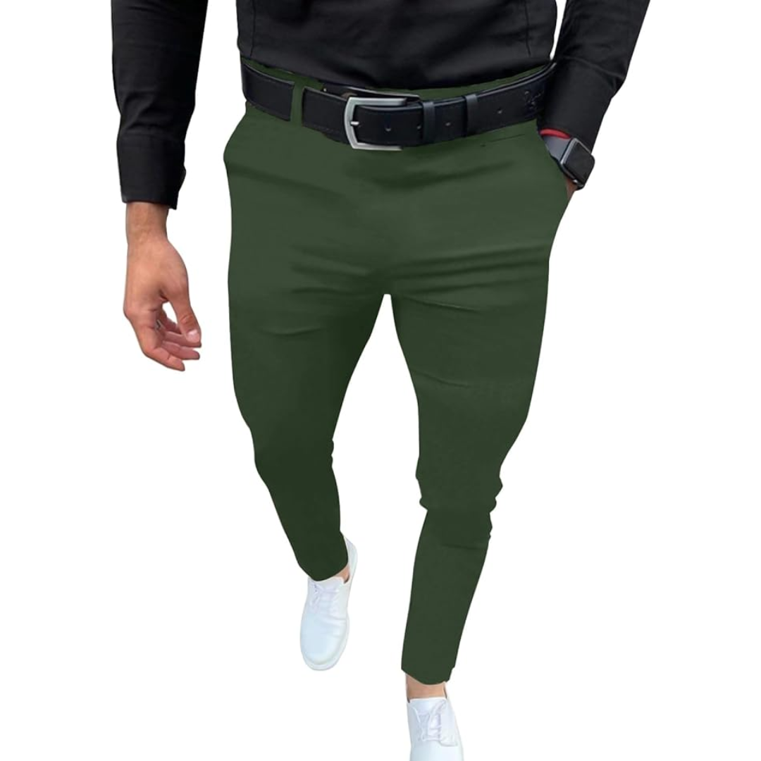 Model showcasing the modern cut of Boaz slim fit stretch pants