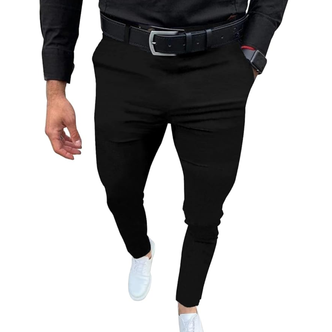 Pair of men's slim fit trousers in a charcoal gray, perfect for autumn