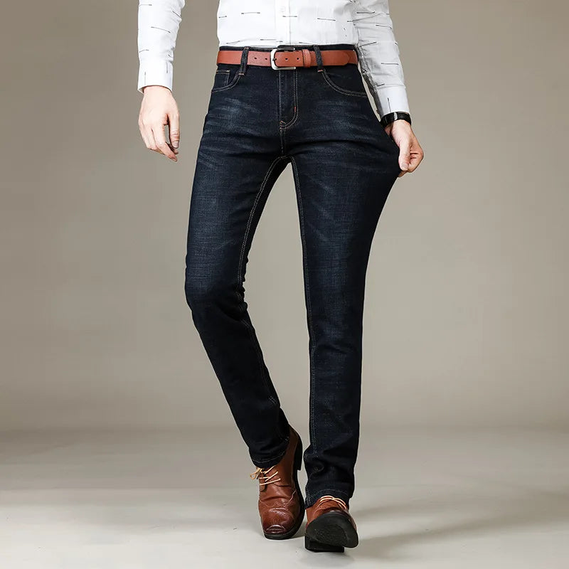 Comfortable men's slim fit stretch jeans, designed for flexibility and modern style.