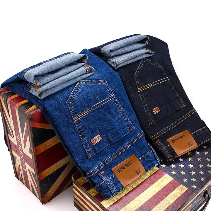 Stylish men's slim fit blue stretch jeans, showcasing modern everyday fashion trends.