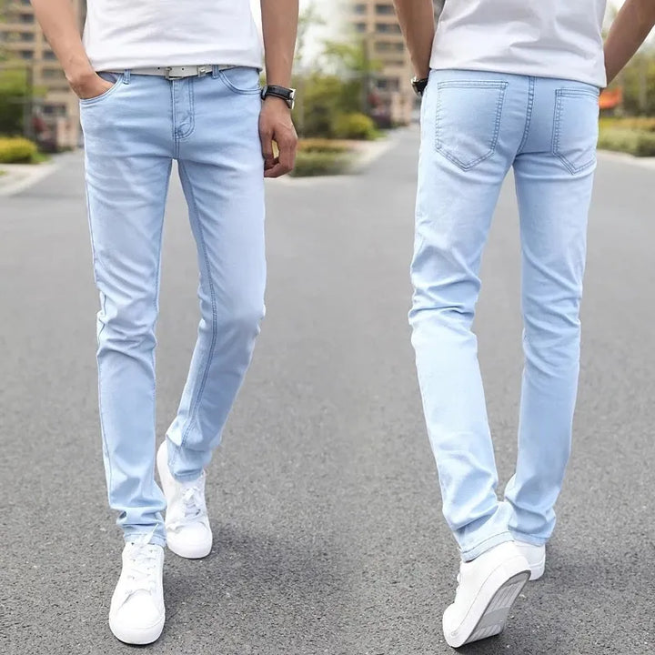 Comfortable sky blue men's slim fit stretch jeans. Ideal for casual, stylish everyday wear with ultimate flexibility.
