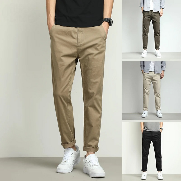 Men's everyday slim-fit stretch tech pants. Available in green, black, khaki & beige options.