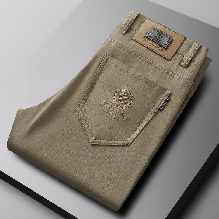 Men's slim fit stretch trousers in versatile khaki, perfect for casual or dress wear. Comfortable & stylish.
