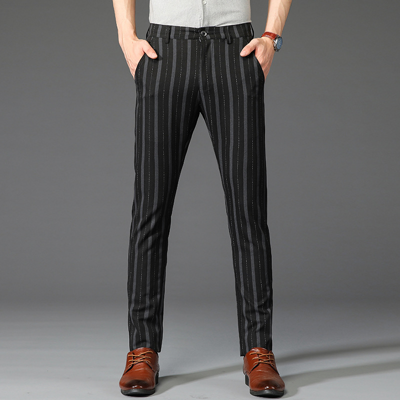 Men's slim fit striped dress trousers for a modern, sophisticated look.