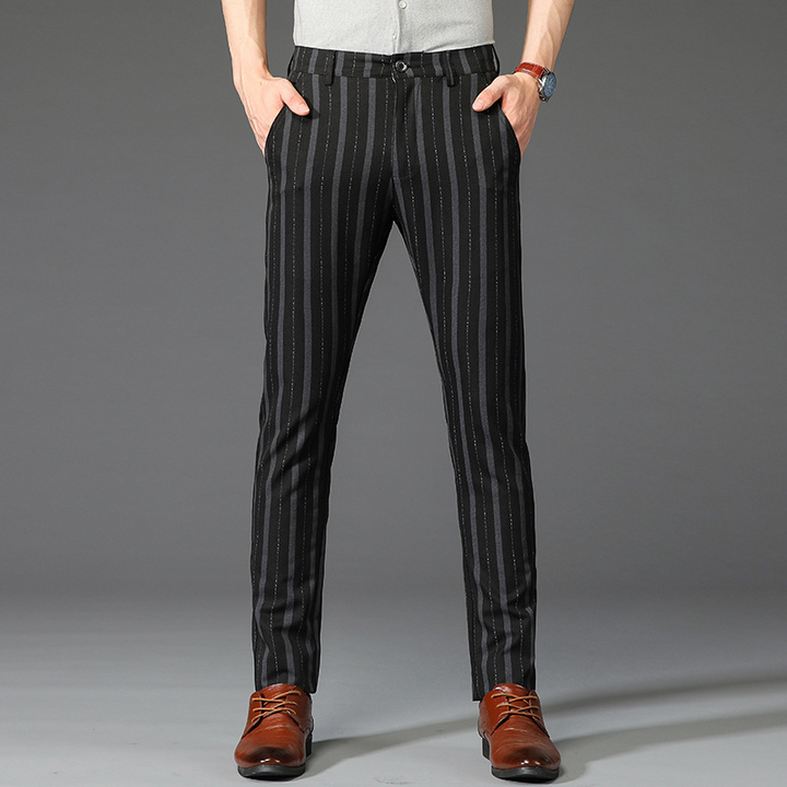 Men's slim fit striped dress trousers for a modern, sophisticated look.
