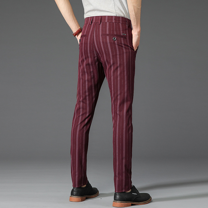 Comfortable men's slim fit striped dress pants, offering a stylish look for formal and office settings.