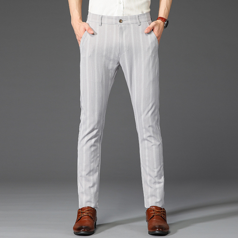 Men's slim fit striped dress trousers, ideal for business or smart casual attire.